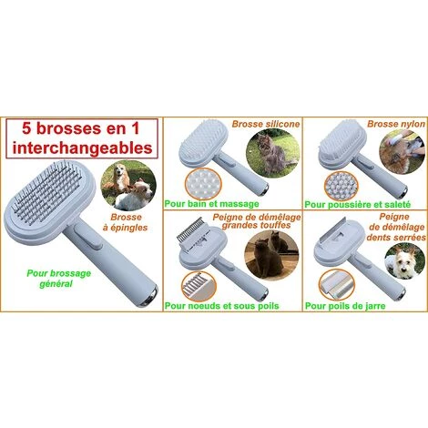 CARILLONSàVENT NEW Brosse 5EN1 Anti Poils Chien Chat/Animaux Compagnie/Multifonction Interchangeable/Épingle Autonettoyant/Silicone/Nylon/Massage Bain/Poussière Saleté/Peigne Demeloir Anti Puce/Toilettage/Bleu Blanc Carivent – Image 2